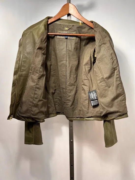 COLE HAAN Band Collar Olive Real Green Lamb Skin Leather Women's  Moto Jacket M - Picture 6 of 11